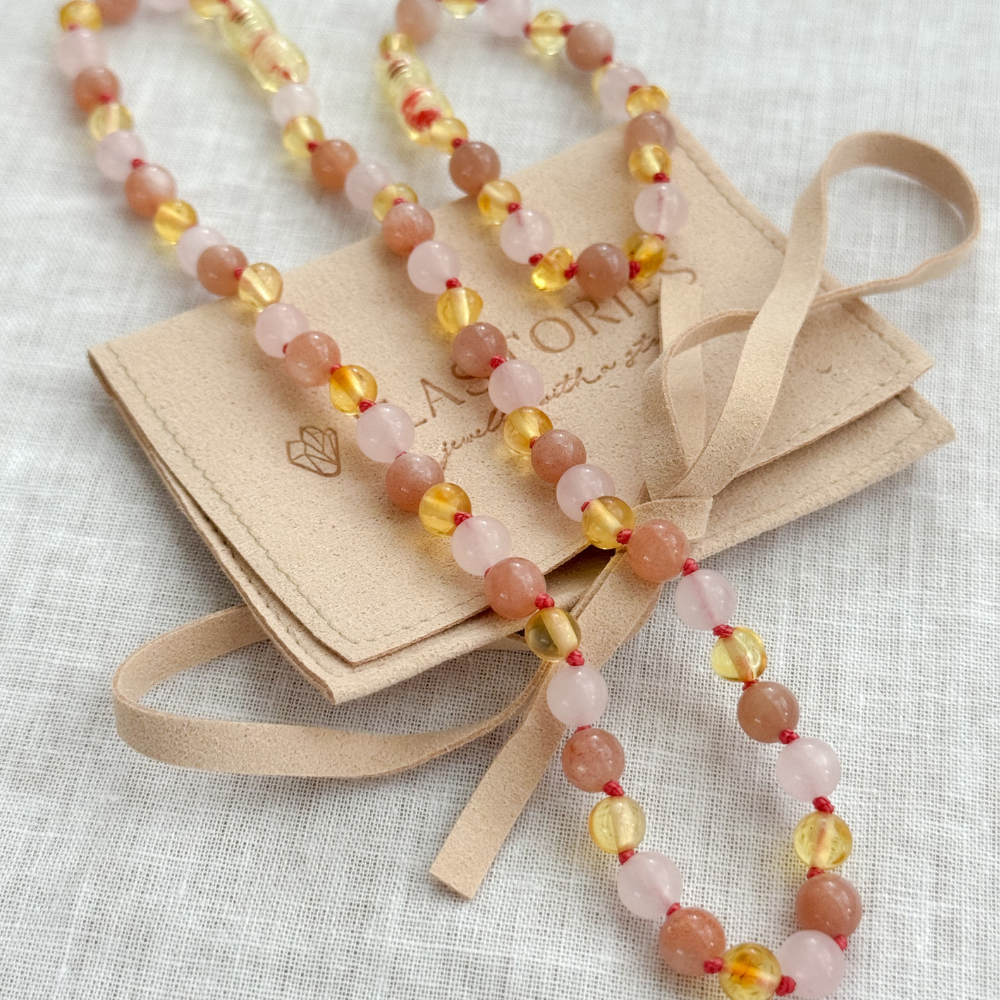 Armband Barnsteen, Rozenkwarts en Zonnesteen - Matching